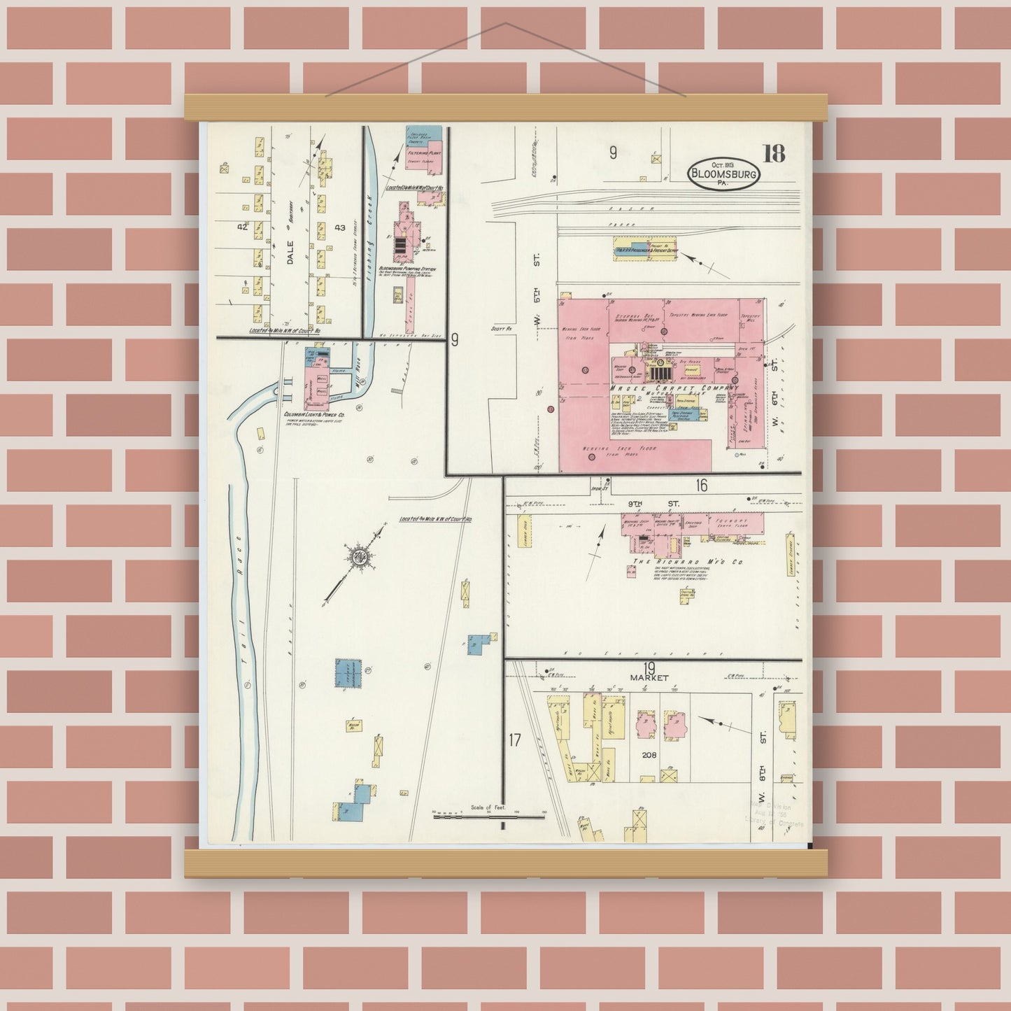 Old map wall art mockup — magnetic wood frame on brick wall — Sanborn Fire Insurance Map from Bloomsburg, Columbia County, Pennsylvania (1913), Sheet #0018