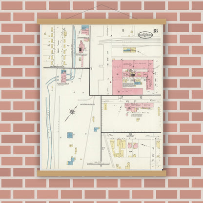 Old map wall art mockup — magnetic wood frame on brick wall — Sanborn Fire Insurance Map from Bloomsburg, Columbia County, Pennsylvania (1913), Sheet #0018