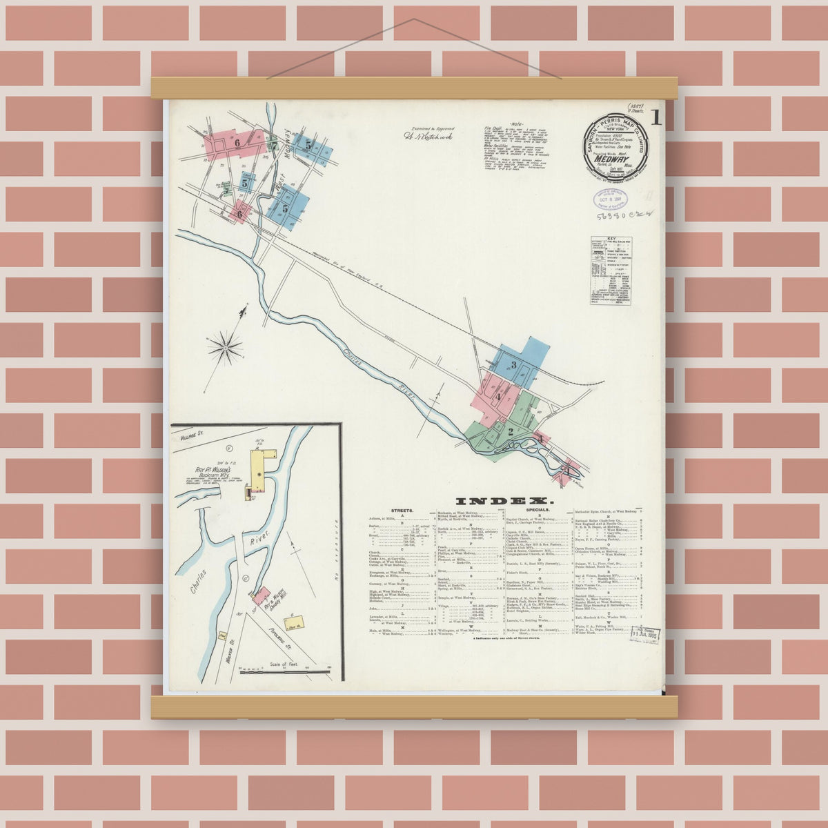 Old map wall art mockup — magnetic wood frame on brick wall — Sanborn Fire Insurance Map from Medway, Norfolk County, Massachusetts (1897) - Complete Map Set
