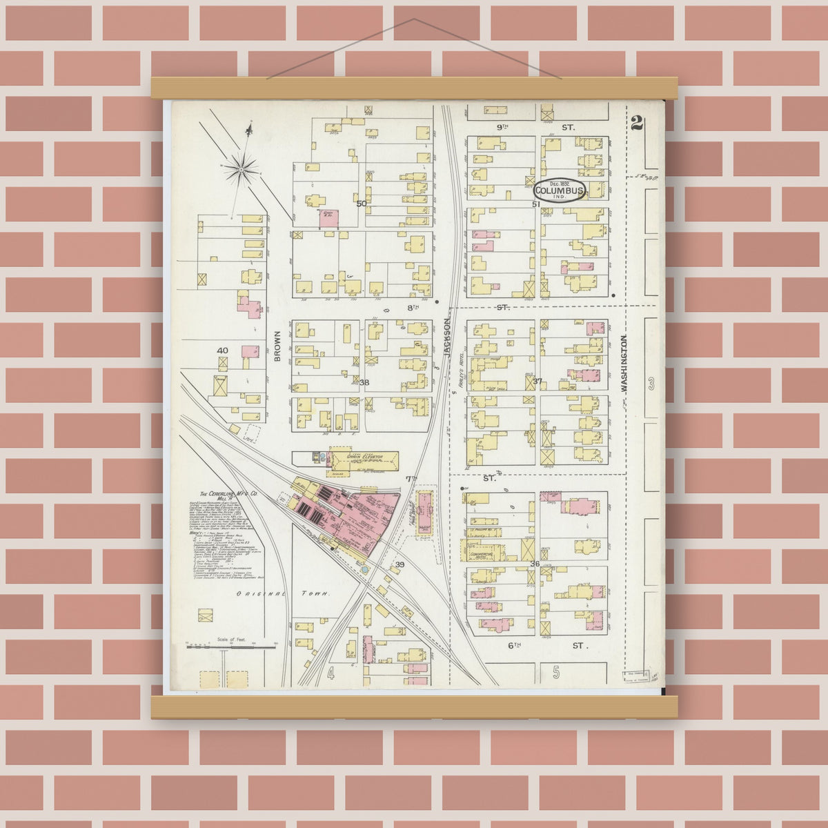 Old map wall art mockup — magnetic wood frame on brick wall — Sanborn Fire Insurance Map from Columbus, Bartholomew County, Indiana (1892), Sheet #0002