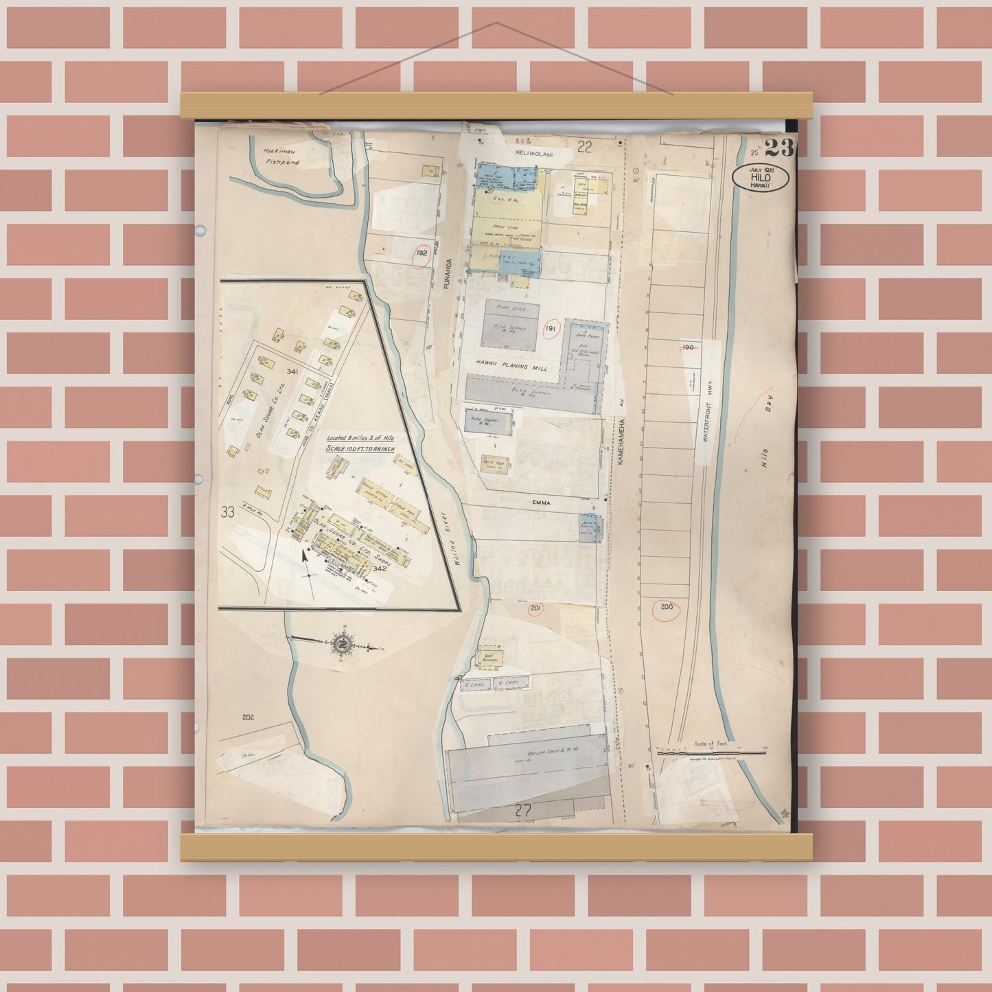 Old map wall art mockup — magnetic wood frame on brick wall — Sanborn Fire Insurance Map from Hilo, Hawaii County, Hawaii (1957), Sheet #0023