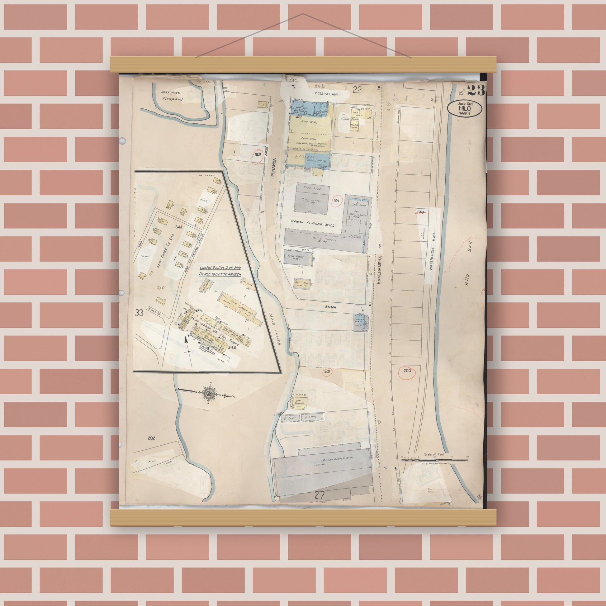 Old map wall art mockup — magnetic wood frame on brick wall — Sanborn Fire Insurance Map from Hilo, Hawaii County, Hawaii (1957), Sheet #0023