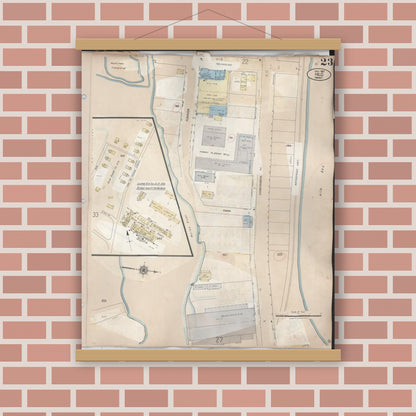 Old map wall art mockup — magnetic wood frame on brick wall — Sanborn Fire Insurance Map from Hilo, Hawaii County, Hawaii (1957), Sheet #0023