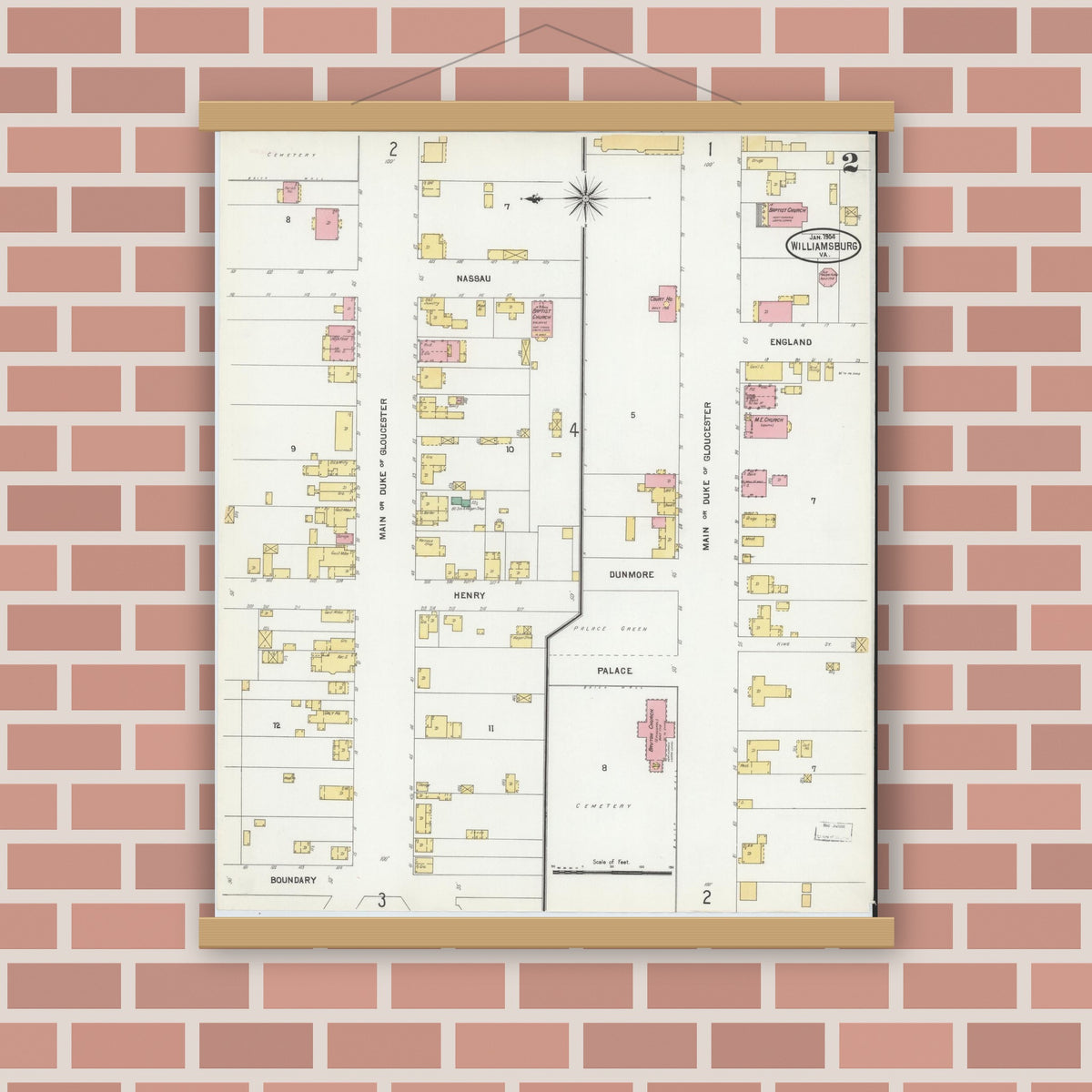 Old map wall art mockup — magnetic wood frame on brick wall — Sanborn Fire Insurance Map from Williamsburg, Independent Cities, Virginia (1904), Sheet #0002