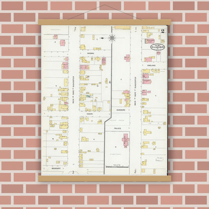 Old map wall art mockup — magnetic wood frame on brick wall — Sanborn Fire Insurance Map from Williamsburg, Independent Cities, Virginia (1904), Sheet #0002