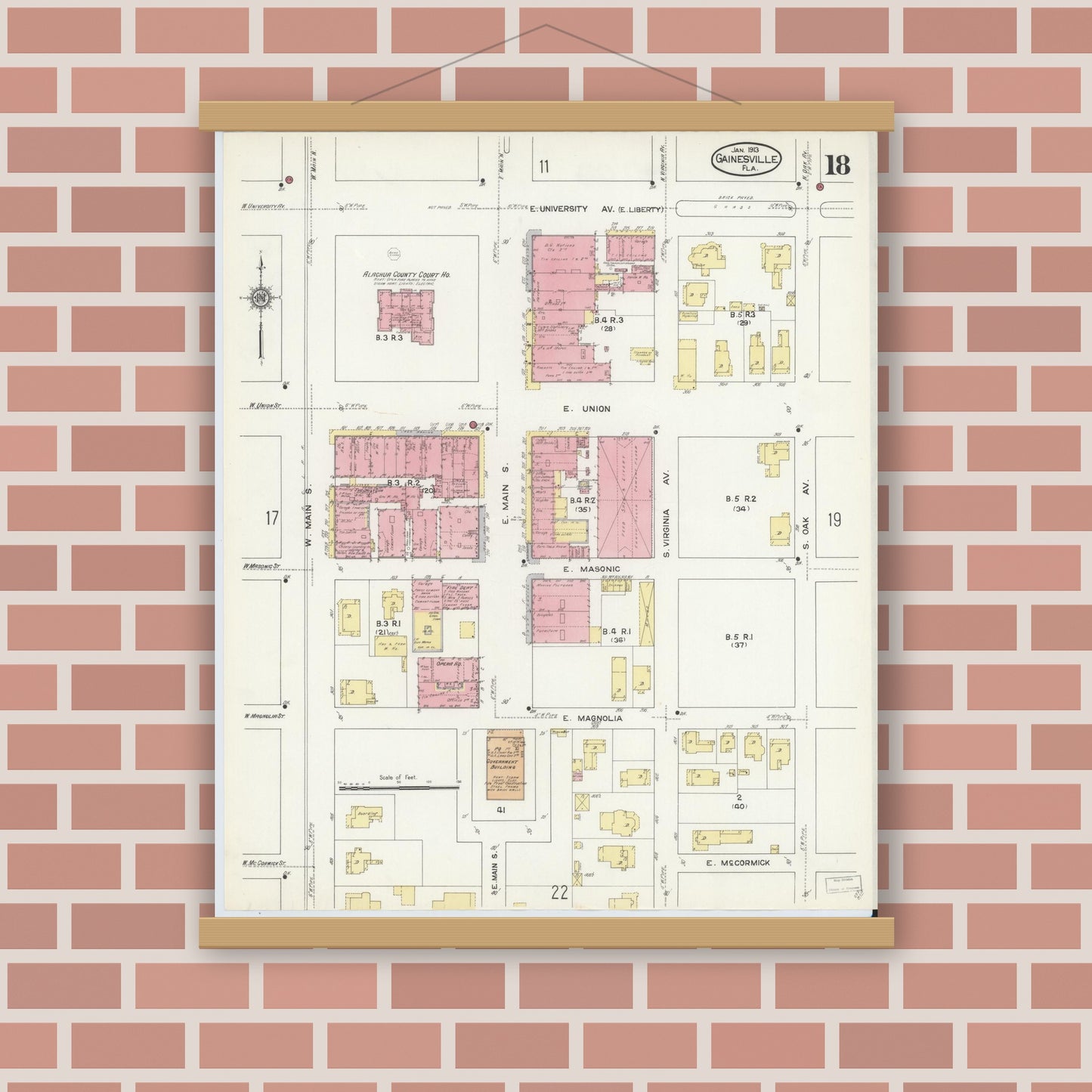 Old map wall art mockup — magnetic wood frame on brick wall — Sanborn Fire Insurance Map from Gainesville, Alachua County, Florida (1913), Sheet #0018