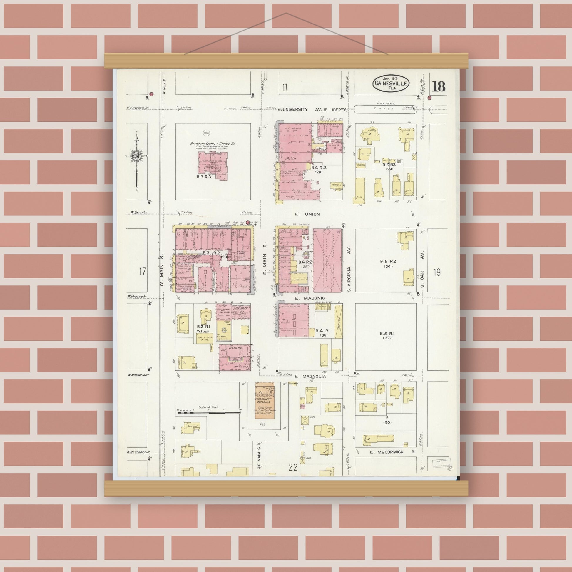 Old map wall art mockup — magnetic wood frame on brick wall — Sanborn Fire Insurance Map from Gainesville, Alachua County, Florida (1913), Sheet #0018