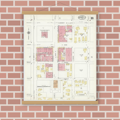 Old map wall art mockup — magnetic wood frame on brick wall — Sanborn Fire Insurance Map from Gainesville, Alachua County, Florida (1913), Sheet #0018