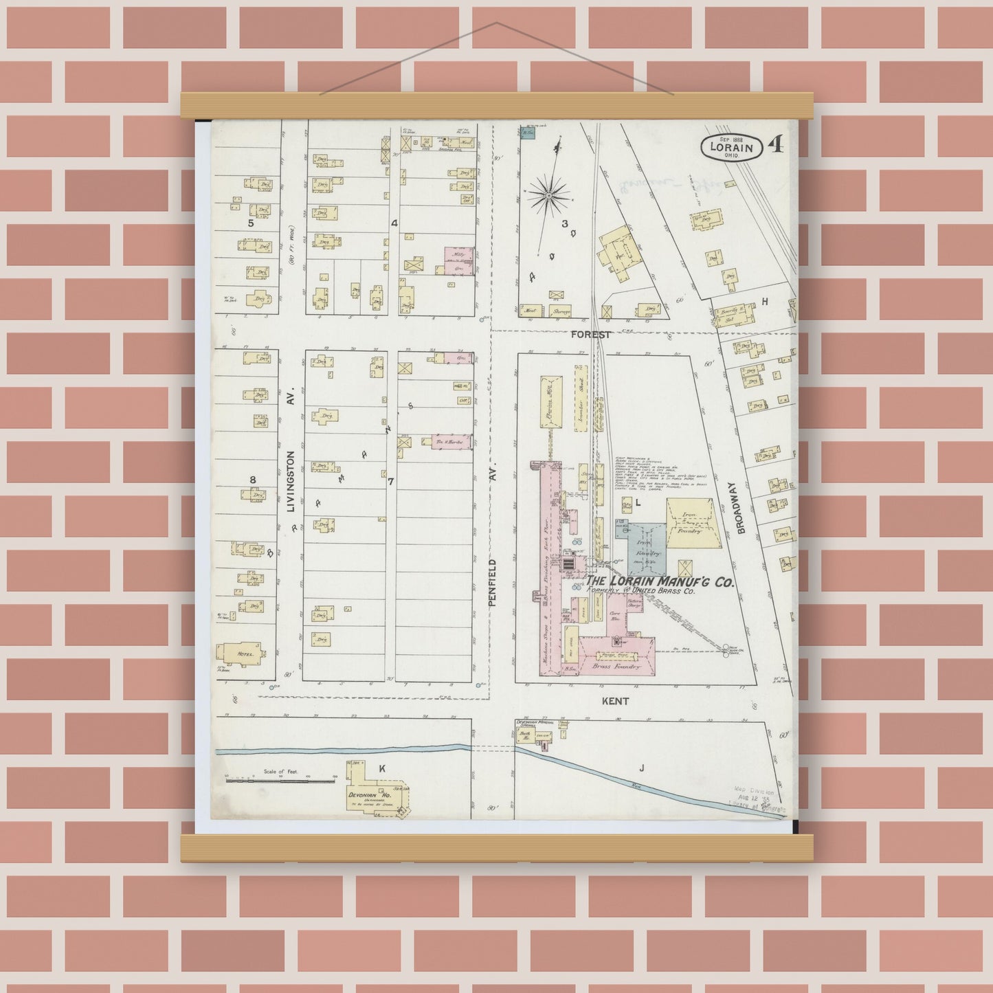 Old map wall art mockup — magnetic wood frame on brick wall — Sanborn Fire Insurance Map from Lorain, Lorain County, Ohio (1888), Sheet #0004