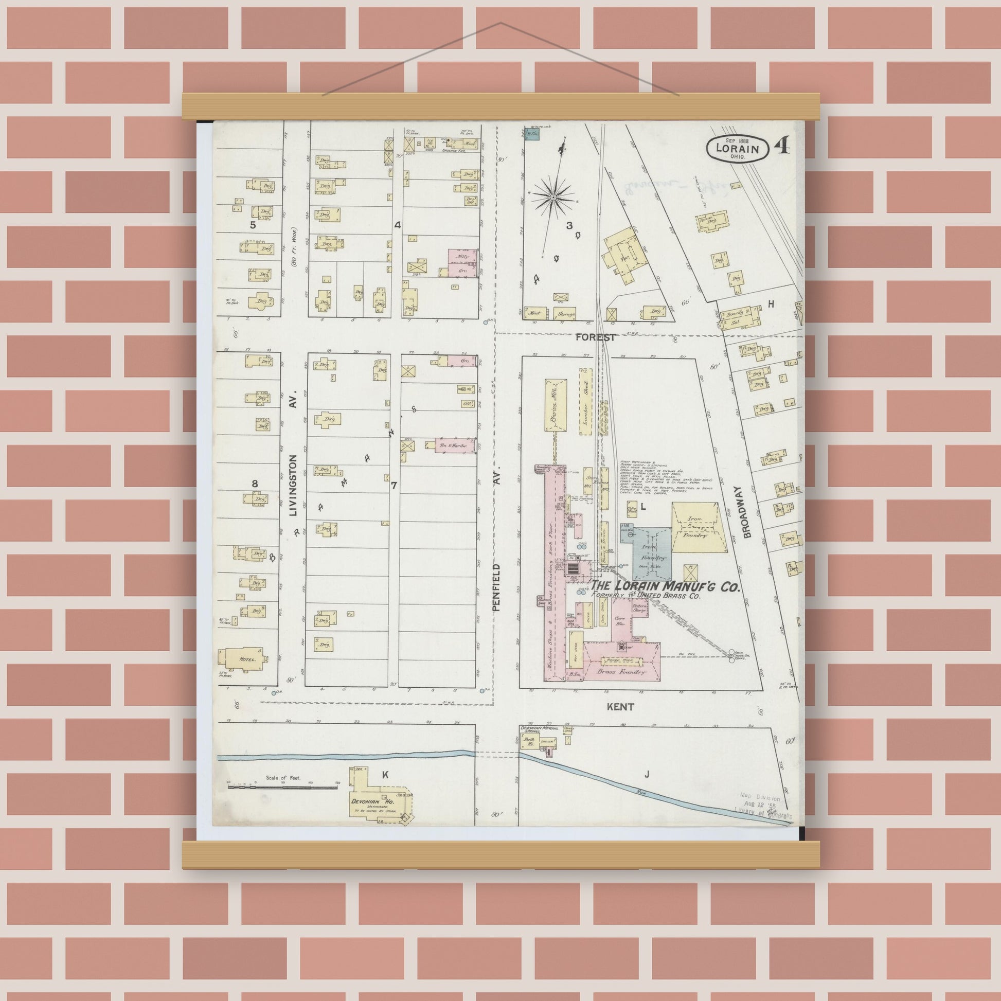 Old map wall art mockup — magnetic wood frame on brick wall — Sanborn Fire Insurance Map from Lorain, Lorain County, Ohio (1888), Sheet #0004