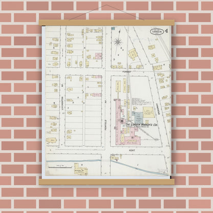Old map wall art mockup — magnetic wood frame on brick wall — Sanborn Fire Insurance Map from Lorain, Lorain County, Ohio (1888), Sheet #0004