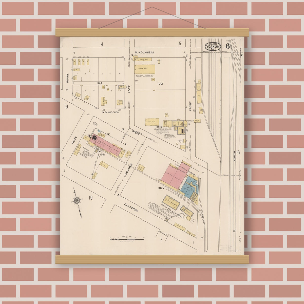 Old map wall art mockup — magnetic wood frame on brick wall — Sanborn Fire Insurance Map from Yoakum, De Witt And Lavaca Counties, Texas (1922), Sheet #0006