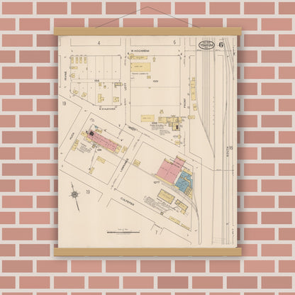 Old map wall art mockup — magnetic wood frame on brick wall — Sanborn Fire Insurance Map from Yoakum, De Witt And Lavaca Counties, Texas (1922), Sheet #0006