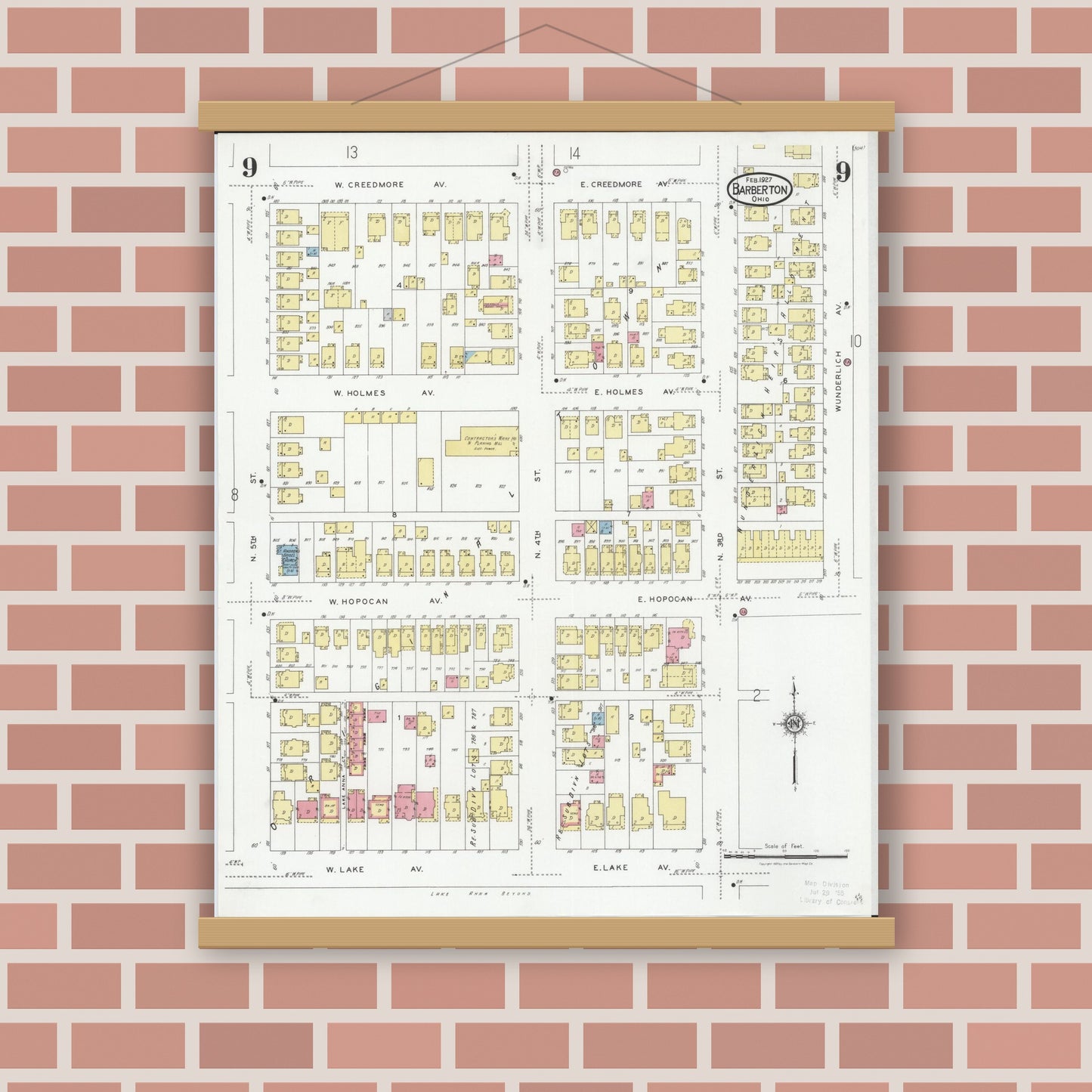 Old map wall art mockup — magnetic wood frame on brick wall — Sanborn Fire Insurance Map from Barberton, Summit County, Ohio (1927), Sheet #0009