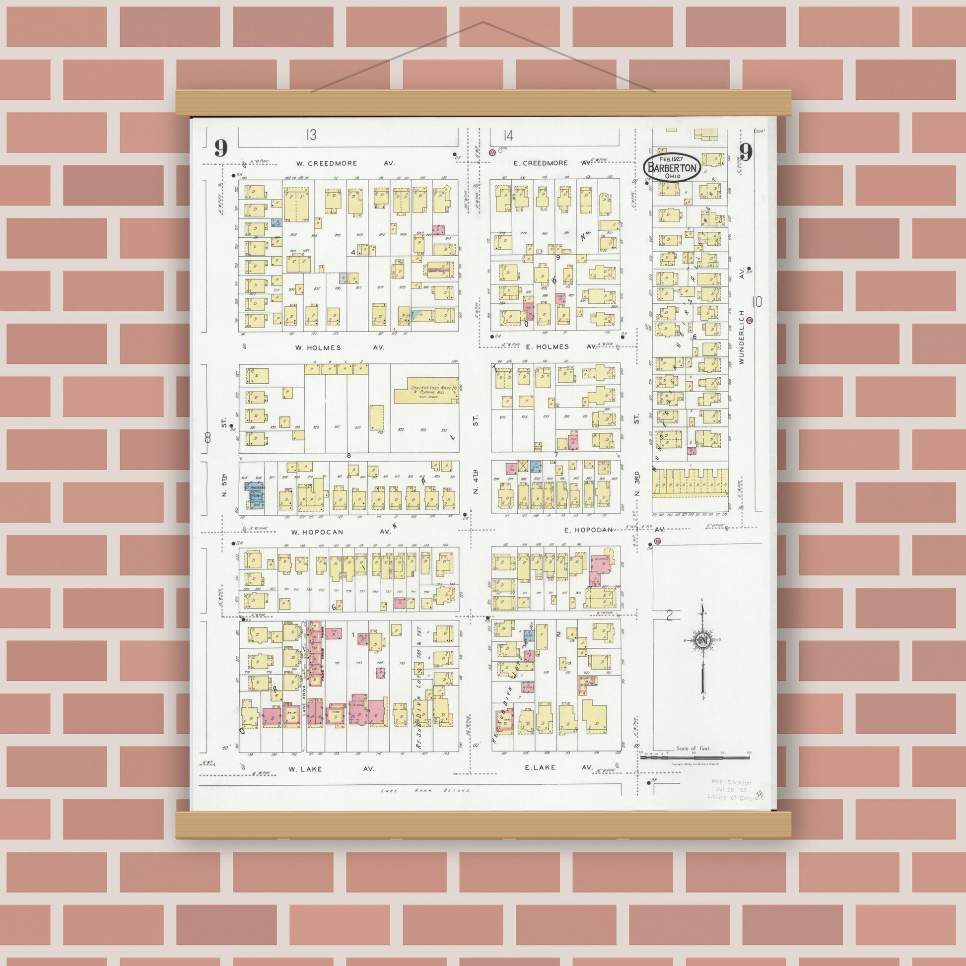 Old map wall art mockup — magnetic wood frame on brick wall — Sanborn Fire Insurance Map from Barberton, Summit County, Ohio (1927), Sheet #0009