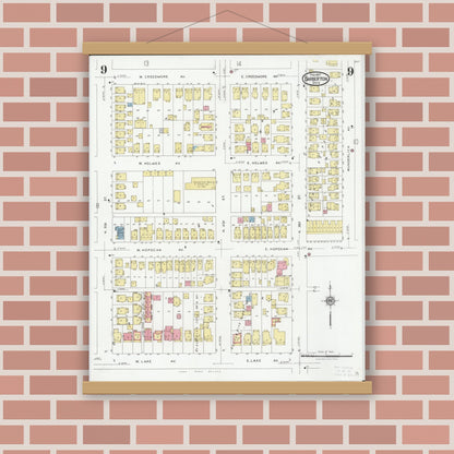 Old map wall art mockup — magnetic wood frame on brick wall — Sanborn Fire Insurance Map from Barberton, Summit County, Ohio (1927), Sheet #0009