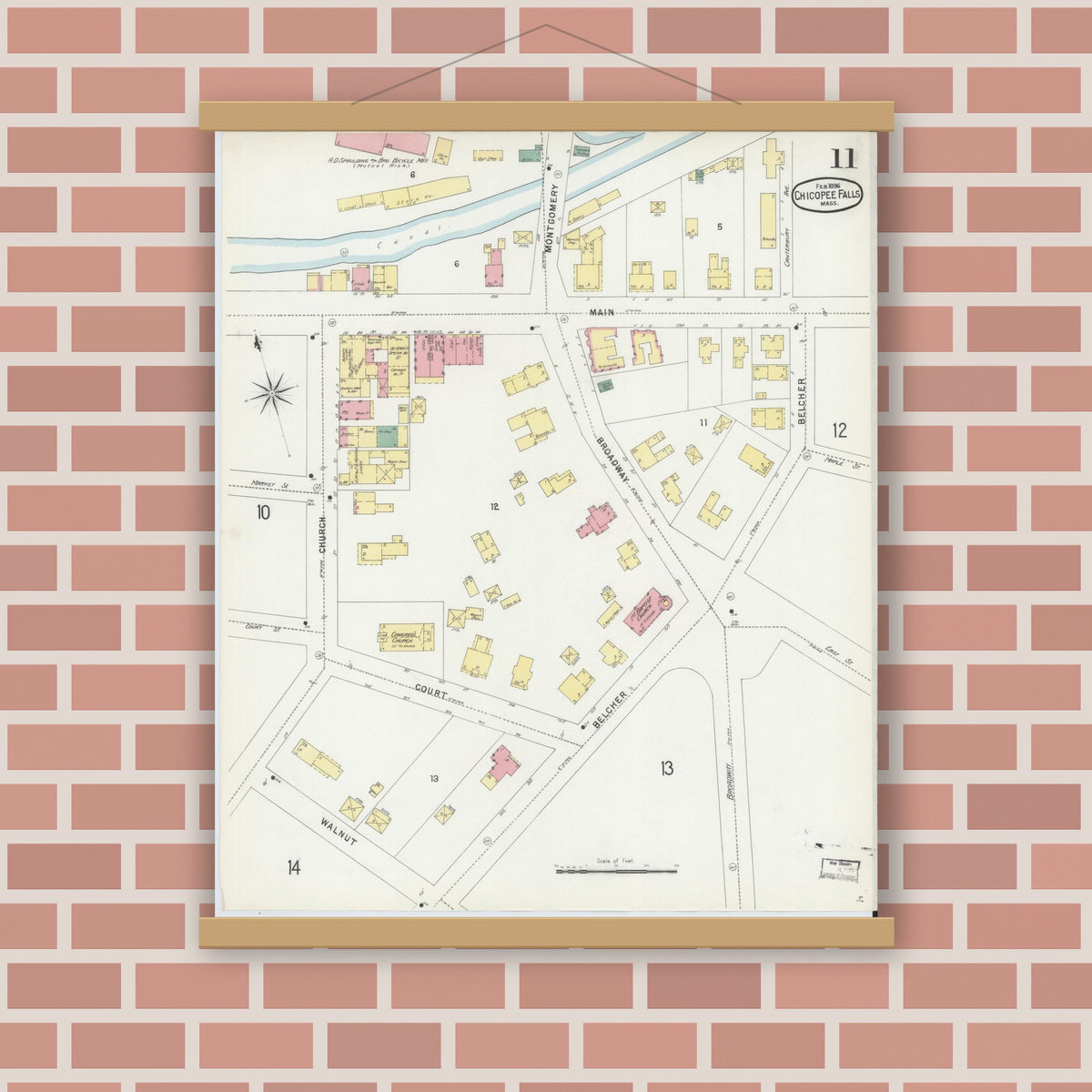 Old map wall art mockup — magnetic wood frame on brick wall — Sanborn Fire Insurance Map from Chicopee, Hampden County, Massachusetts (1896), Sheet #0011
