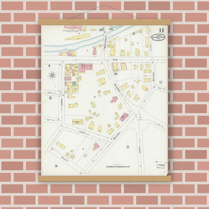 Old map wall art mockup — magnetic wood frame on brick wall — Sanborn Fire Insurance Map from Chicopee, Hampden County, Massachusetts (1896), Sheet #0011