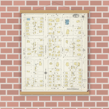 Old map wall art mockup — magnetic wood frame on brick wall — Sanborn Fire Insurance Map from Webb City, Jasper County, Missouri (1915), Sheet #0014
