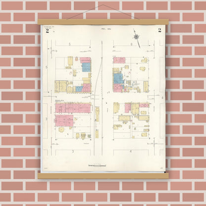 Old map wall art mockup — magnetic wood frame on brick wall — Sanborn Fire Insurance Map from Cleveland, Liberty County, Texas (1939), Sheet #0002