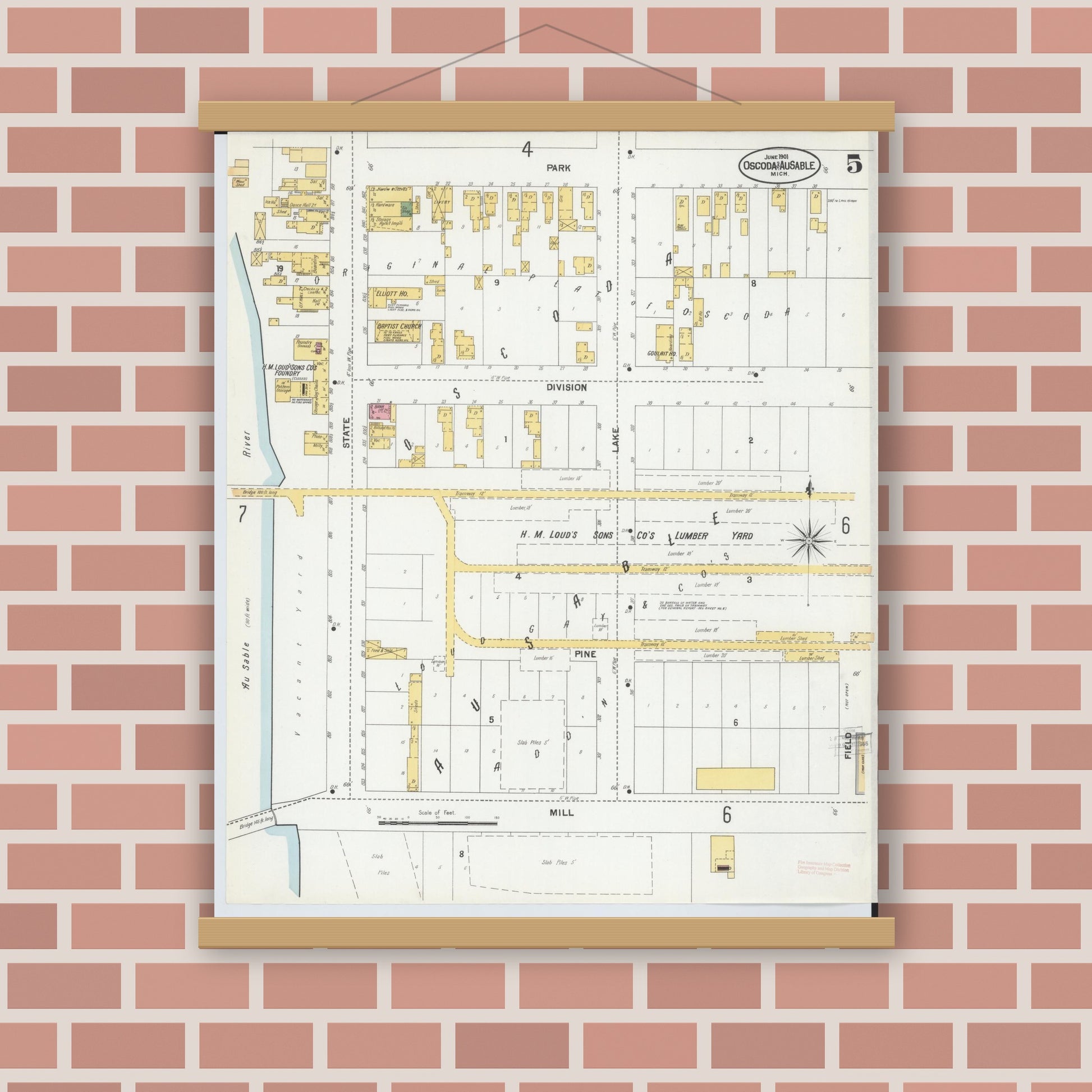 Old map wall art mockup — magnetic wood frame on brick wall — Sanborn Fire Insurance Map from Oscoda, Iosco County, Michigan (1901), Sheet #0005