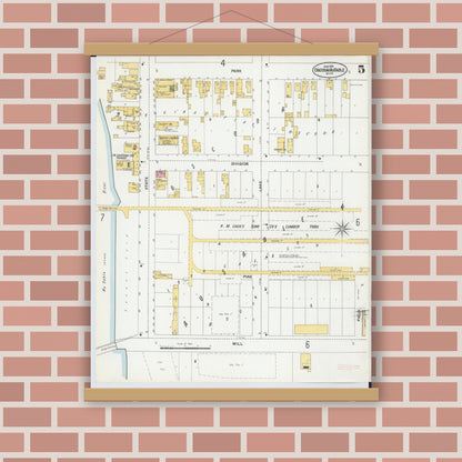 Old map wall art mockup — magnetic wood frame on brick wall — Sanborn Fire Insurance Map from Oscoda, Iosco County, Michigan (1901), Sheet #0005