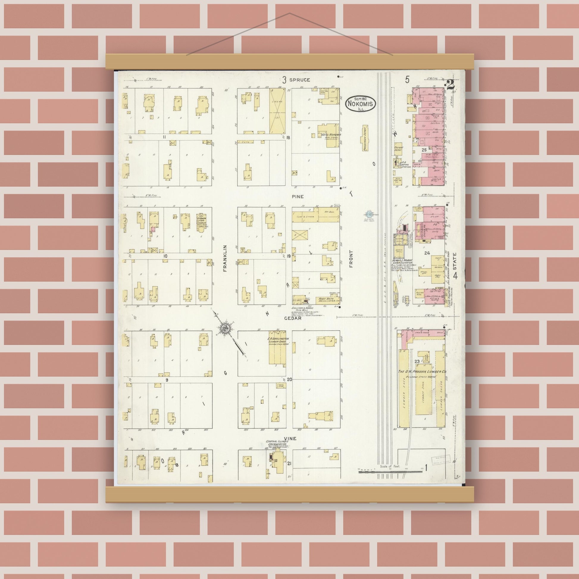 Old map wall art mockup — magnetic wood frame on brick wall — Sanborn Fire Insurance Map from Nokomis, Montgomery County, Illinois (1912), Sheet #0002