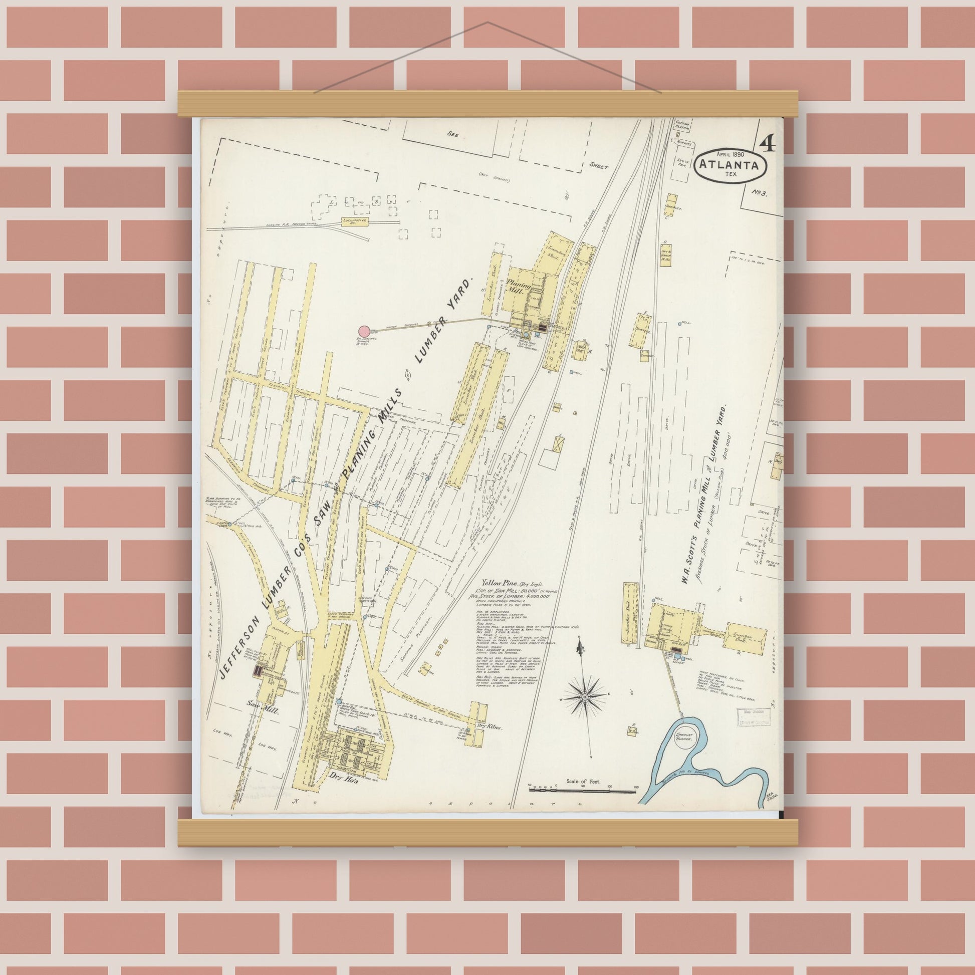 Old map wall art mockup — magnetic wood frame on brick wall — Sanborn Fire Insurance Map from Atlanta, Cass County, Texas (1890), Sheet #0004