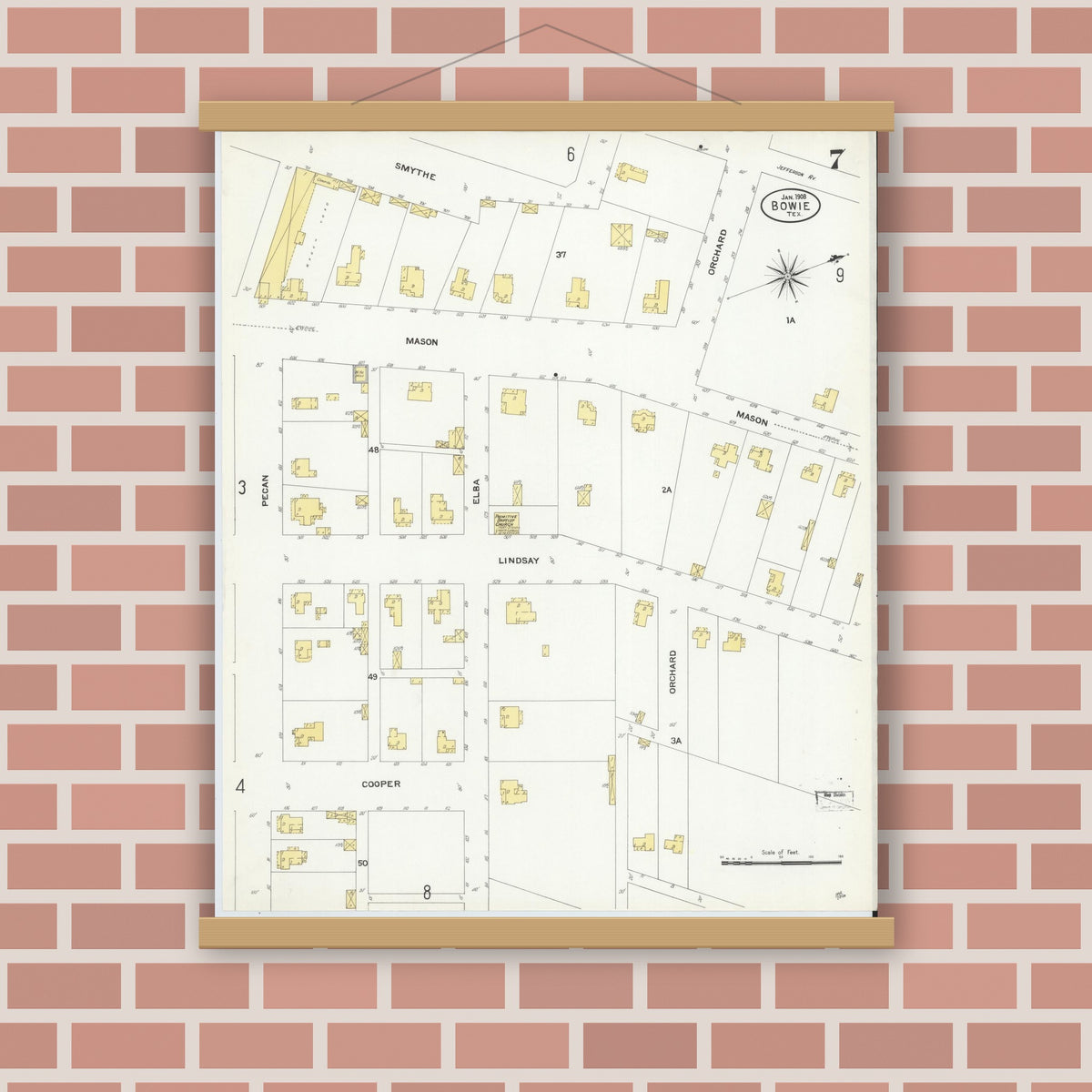 Old map wall art mockup — magnetic wood frame on brick wall — Sanborn Fire Insurance Map from Bowie, Montague County, Texas (1908), Sheet #0007