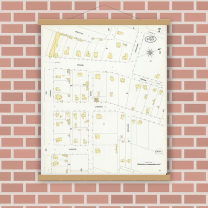 Old map wall art mockup — magnetic wood frame on brick wall — Sanborn Fire Insurance Map from Bowie, Montague County, Texas (1908), Sheet #0007