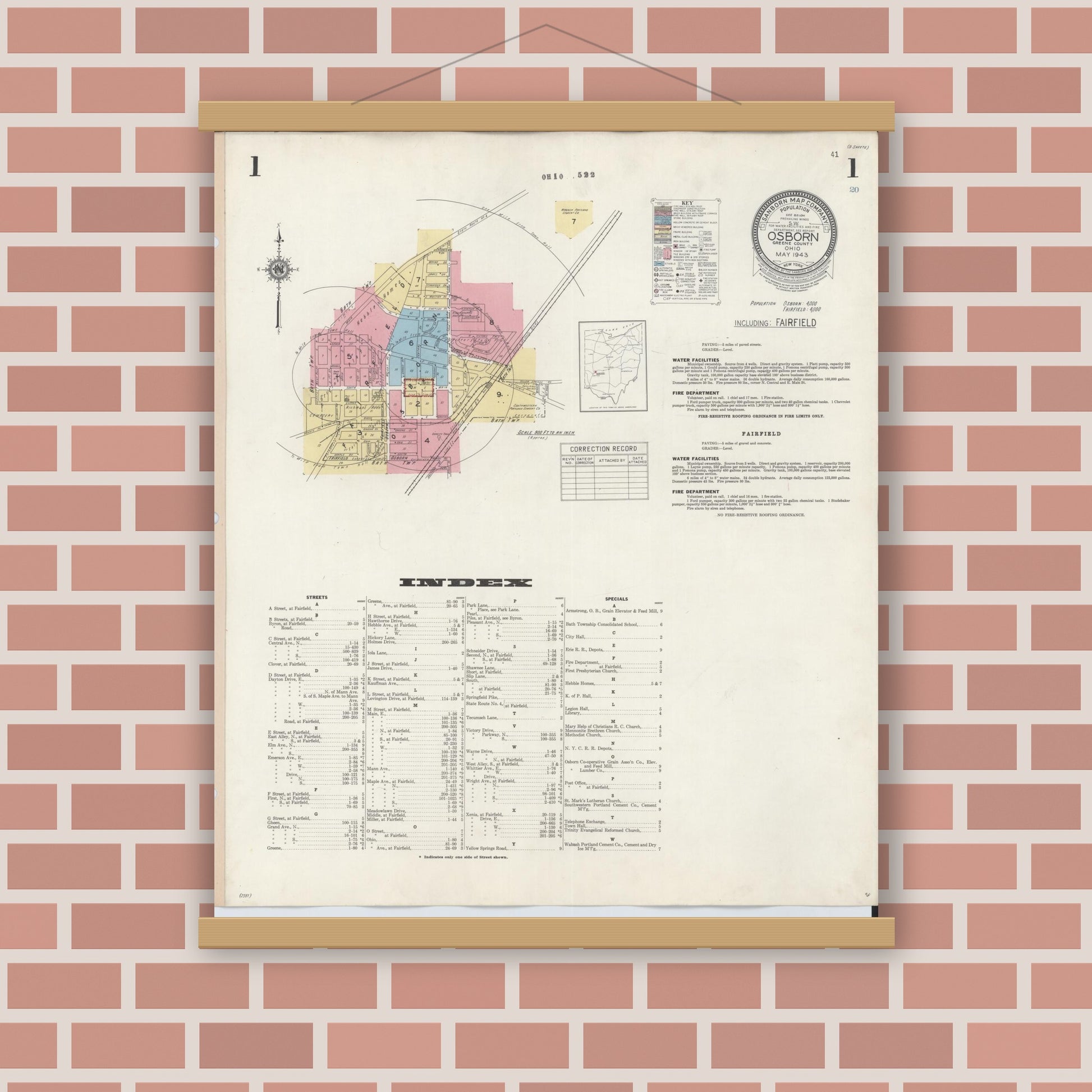 Old map wall art mockup — magnetic wood frame on brick wall — Sanborn Fire Insurance Map from Osborn, Greene County, Ohio (1943) - Complete Map Set
