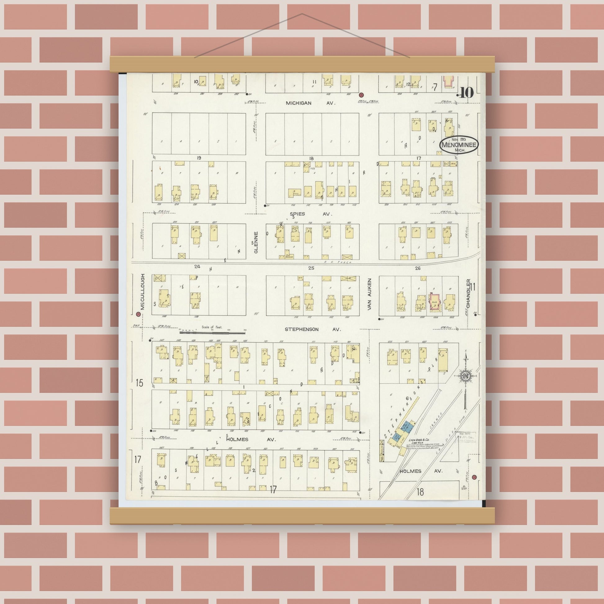 Old map wall art mockup — magnetic wood frame on brick wall — Sanborn Fire Insurance Map from Menominee, Menominee County, Michigan (1913), Sheet #0010