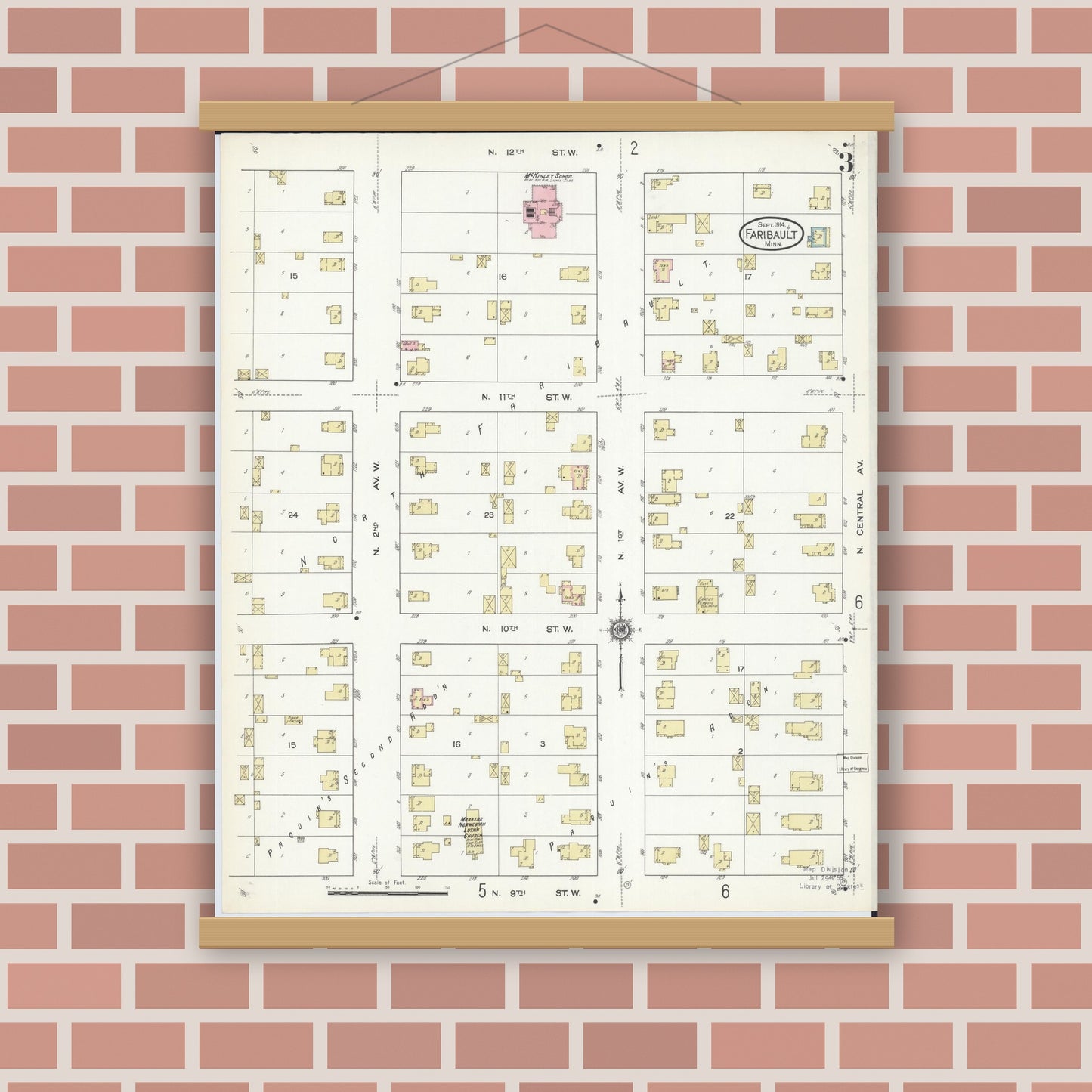 Old map wall art mockup — magnetic wood frame on brick wall — Sanborn Fire Insurance Map from Faribault, Rice County, Minnesota (1914), Sheet #0003