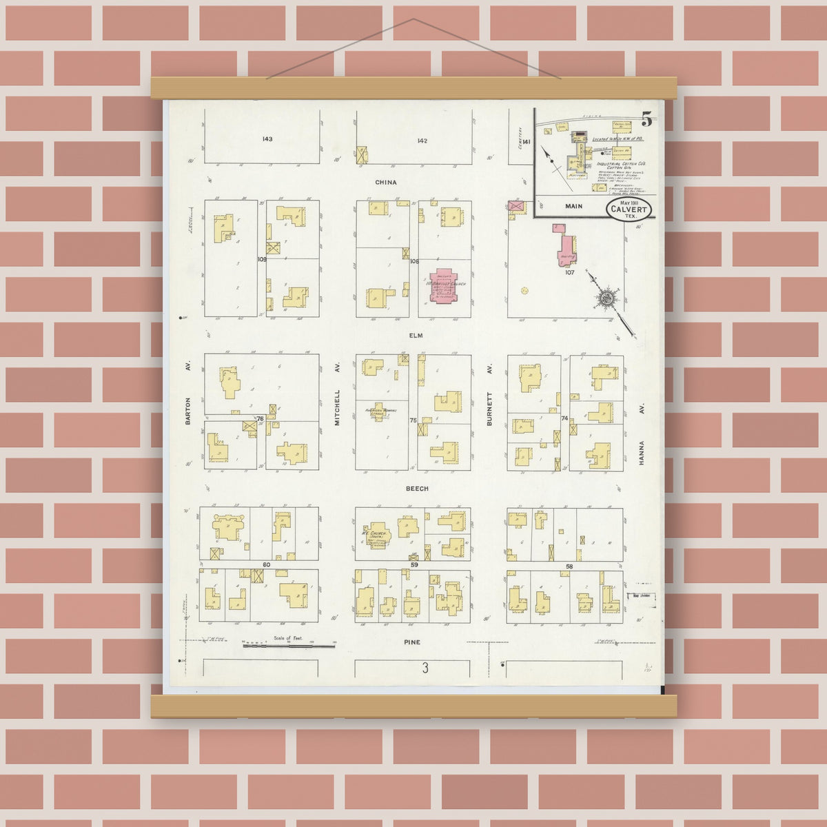 Old map wall art mockup — magnetic wood frame on brick wall — Sanborn Fire Insurance Map from Calvert, Robertson County, Texas (1911), Sheet #0005