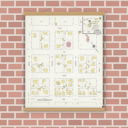 Old map wall art mockup — magnetic wood frame on brick wall — Sanborn Fire Insurance Map from Calvert, Robertson County, Texas (1911), Sheet #0005