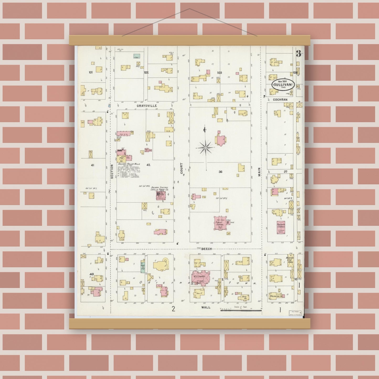 Old map wall art mockup — magnetic wood frame on brick wall — Sanborn Fire Insurance Map from Sullivan, Sullivan County, Indiana (1897), Sheet #0003
