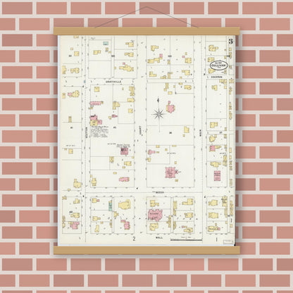 Old map wall art mockup — magnetic wood frame on brick wall — Sanborn Fire Insurance Map from Sullivan, Sullivan County, Indiana (1897), Sheet #0003