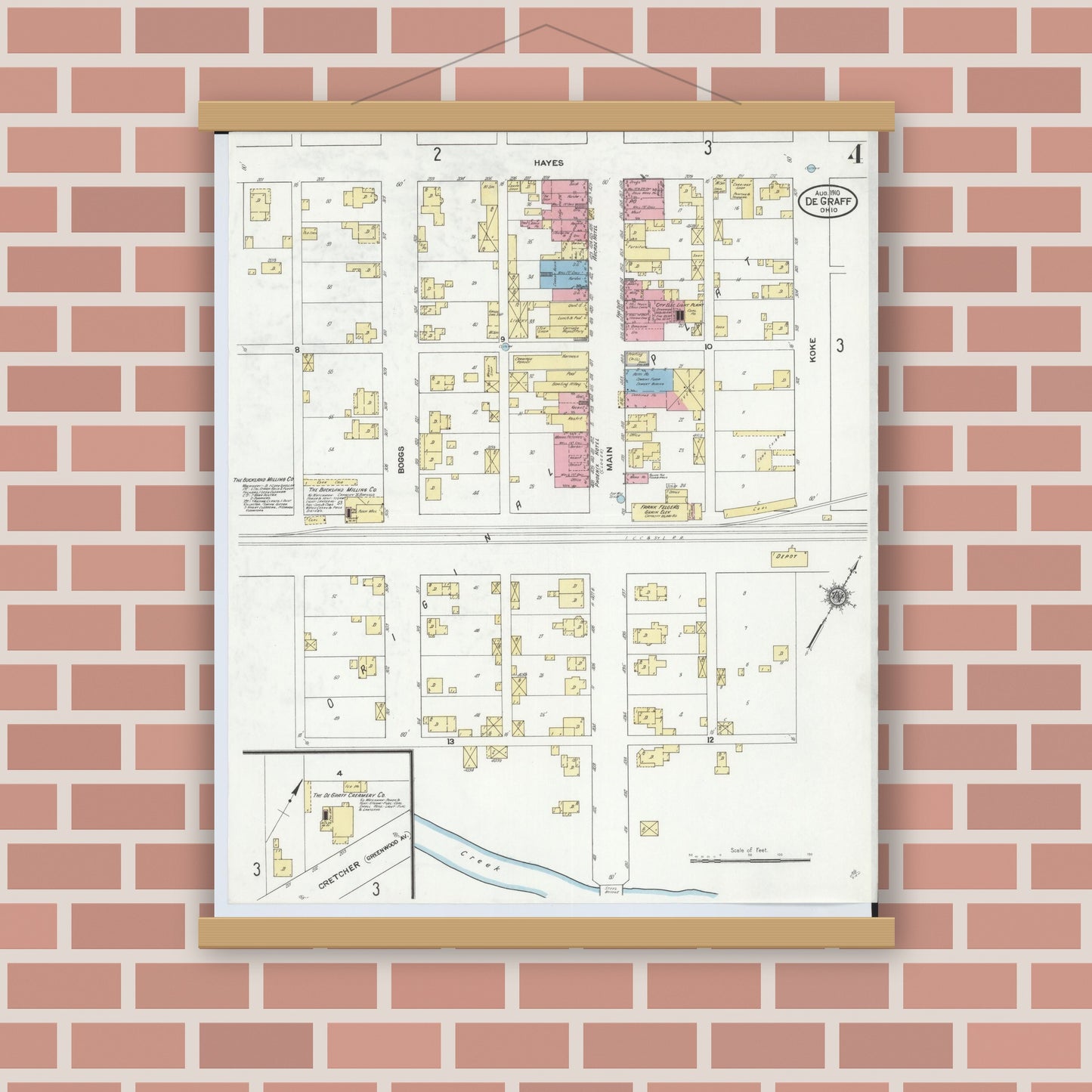 Old map wall art mockup — magnetic wood frame on brick wall — Sanborn Fire Insurance Map from Degraff, Logan County, Ohio (1910), Sheet #0004