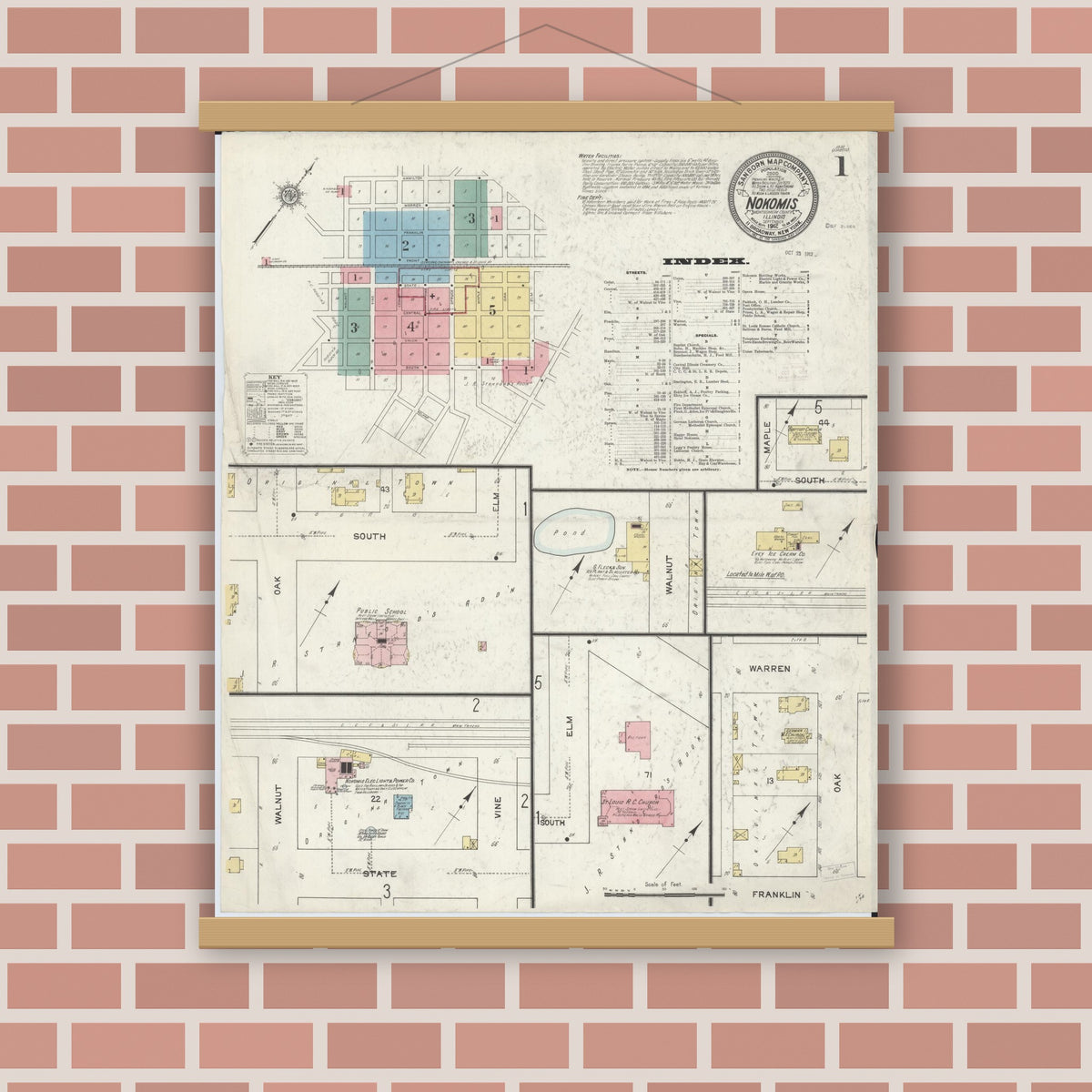 Old map wall art mockup — magnetic wood frame on brick wall — Sanborn Fire Insurance Map from Nokomis, Montgomery County, Illinois (1912) - Complete Map Set
