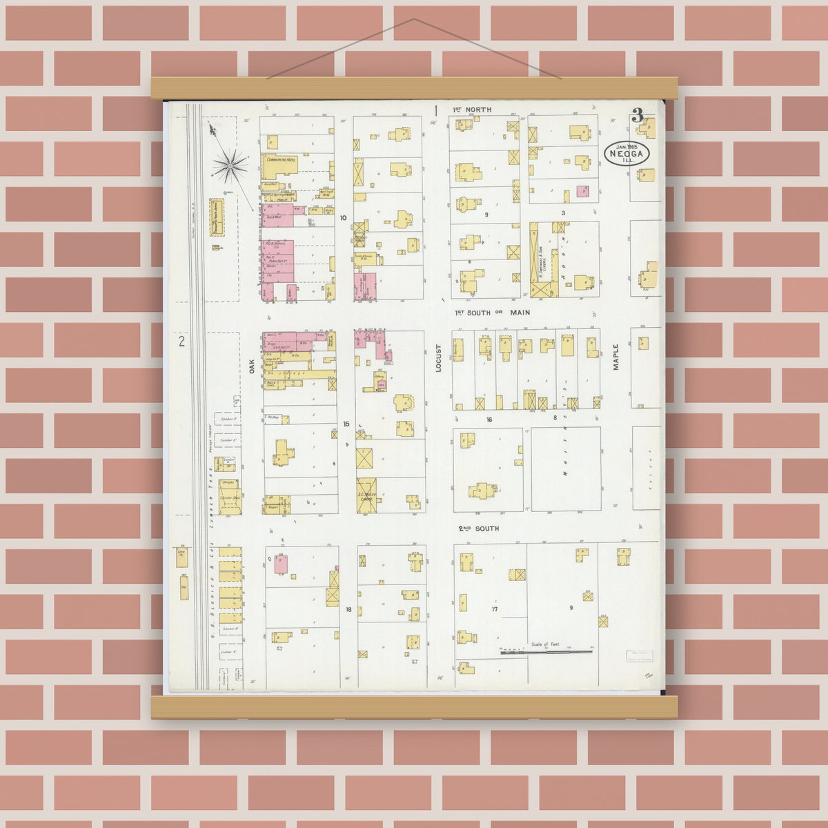 Old map wall art mockup — magnetic wood frame on brick wall — Sanborn Fire Insurance Map from Neoga, Cumberland County, Illinois (1905), Sheet #0003