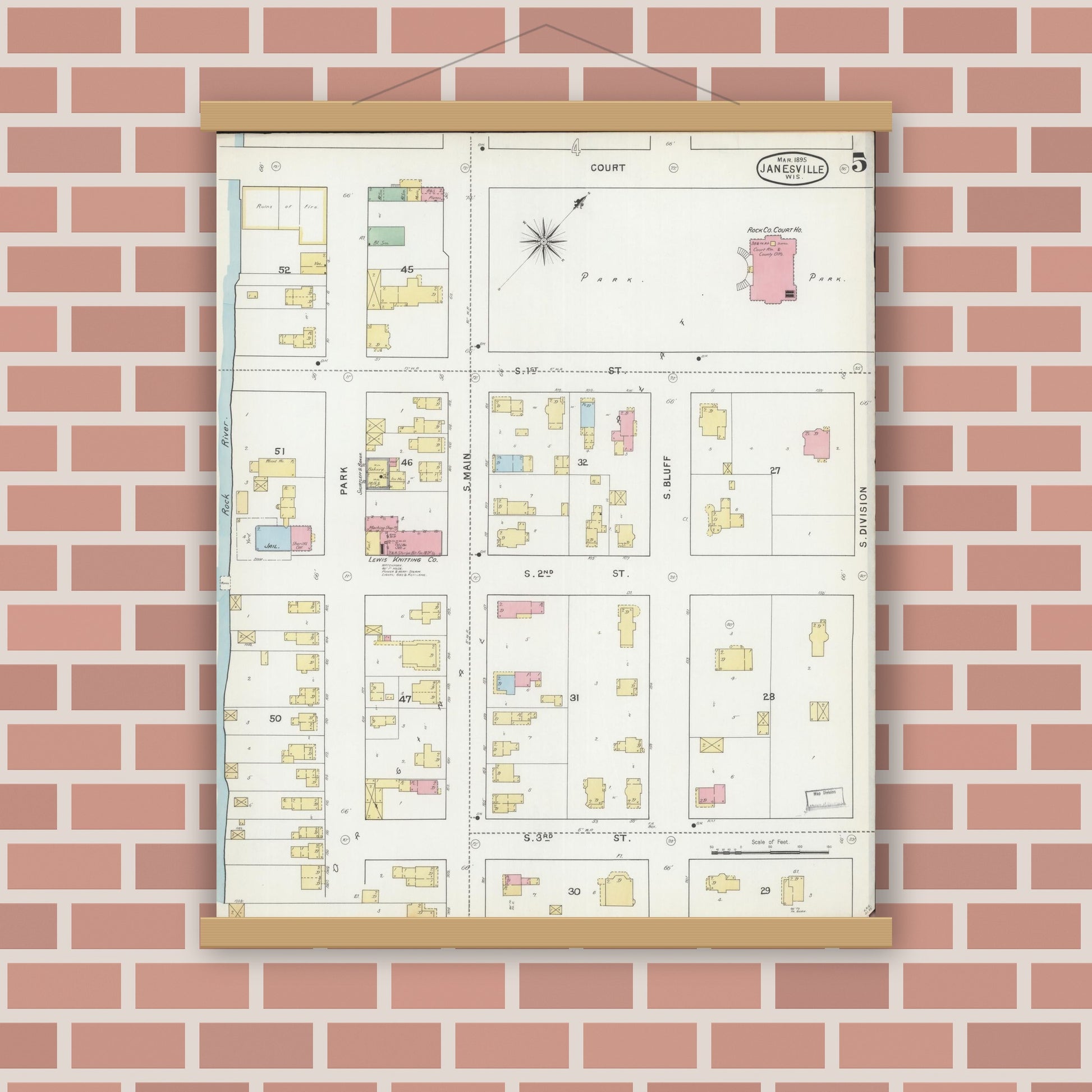 Old map wall art mockup — magnetic wood frame on brick wall — Sanborn Fire Insurance Map from Janesville, Rock County, Wisconsin (1895), Sheet #0005