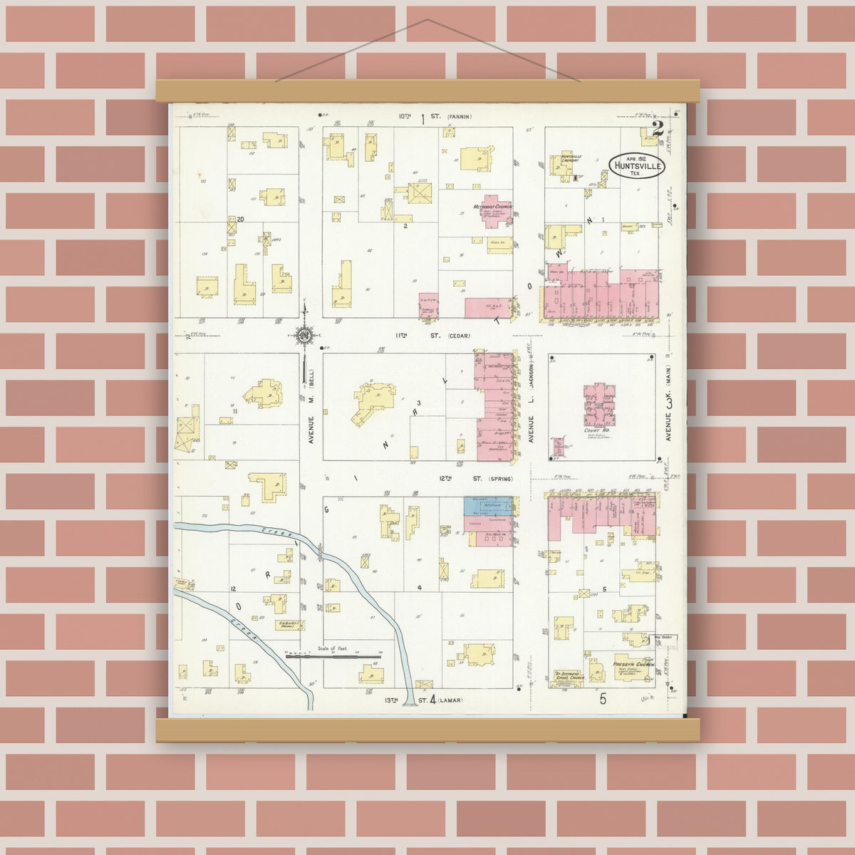 Old map wall art mockup — magnetic wood frame on brick wall — Sanborn Fire Insurance Map from Huntsville, Walker County, Texas (1912), Sheet #0002
