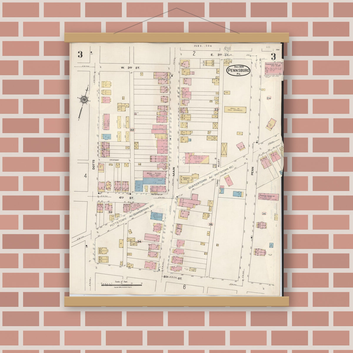 Old map wall art mockup — magnetic wood frame on brick wall — Sanborn Fire Insurance Map from Pennsburg, Montgomery County, Pennsylvania (1933), Sheet #0003