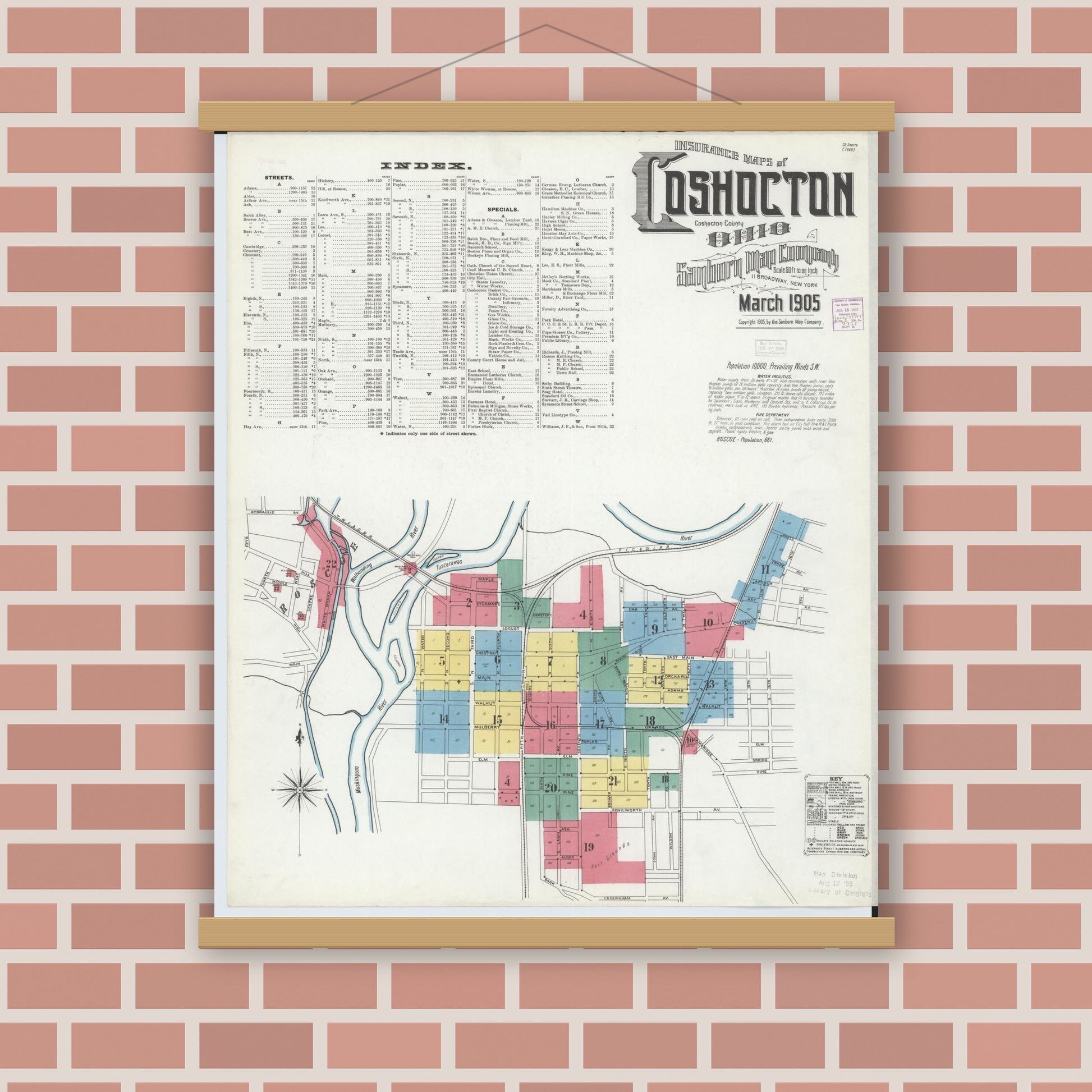 Old map wall art mockup — magnetic wood frame on brick wall — Sanborn Fire Insurance Map from Coshocton, Coshocton County, Ohio (1905) - Complete Map Set
