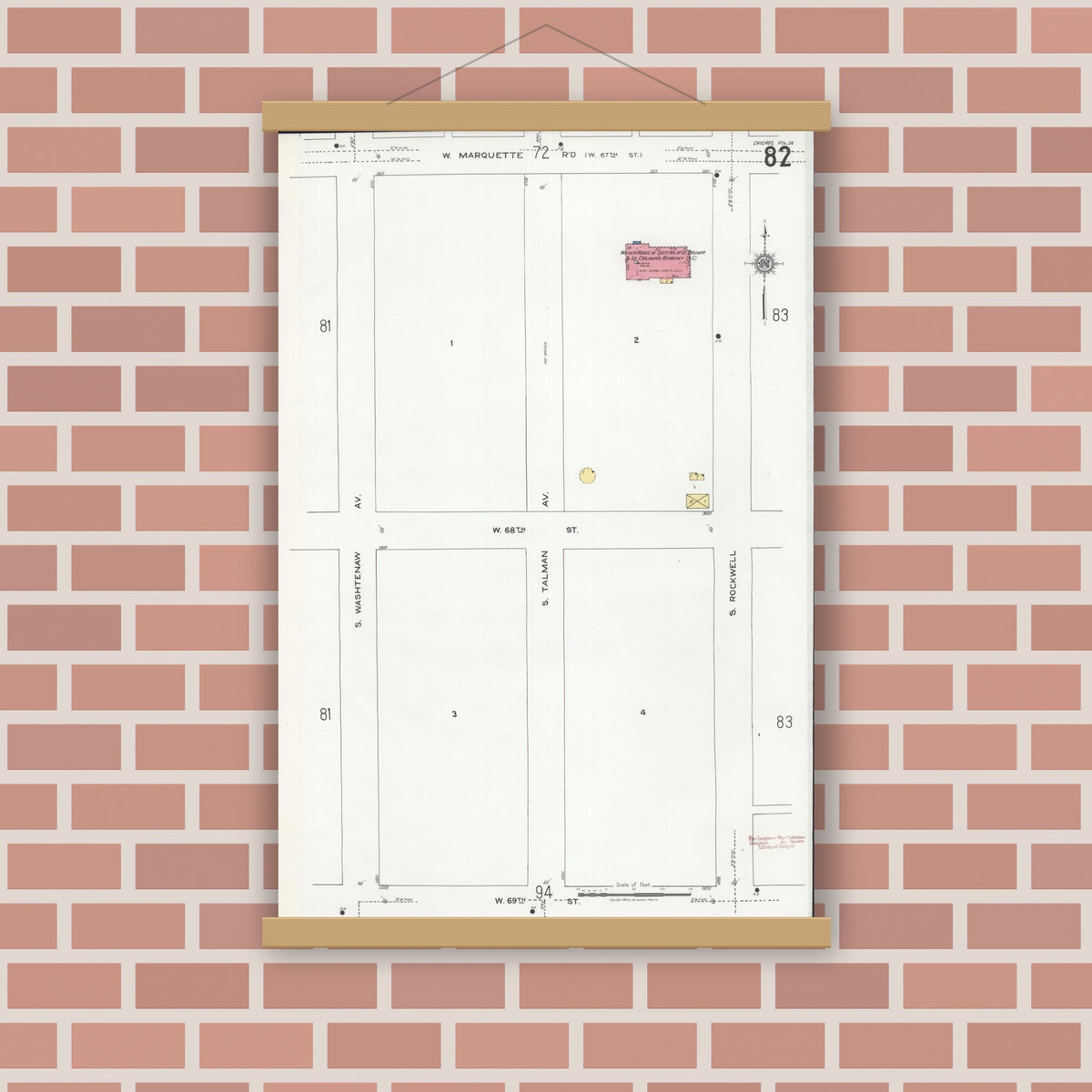 Old map wall art mockup — magnetic wood frame on brick wall — Sanborn Fire Insurance Map from Chicago, Cook County, Illinois (1920), Sheet #0082