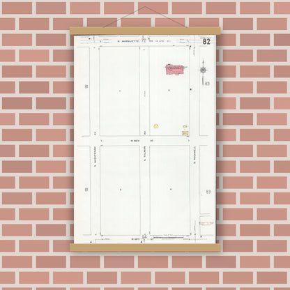 Old map wall art mockup — magnetic wood frame on brick wall — Sanborn Fire Insurance Map from Chicago, Cook County, Illinois (1920), Sheet #0082