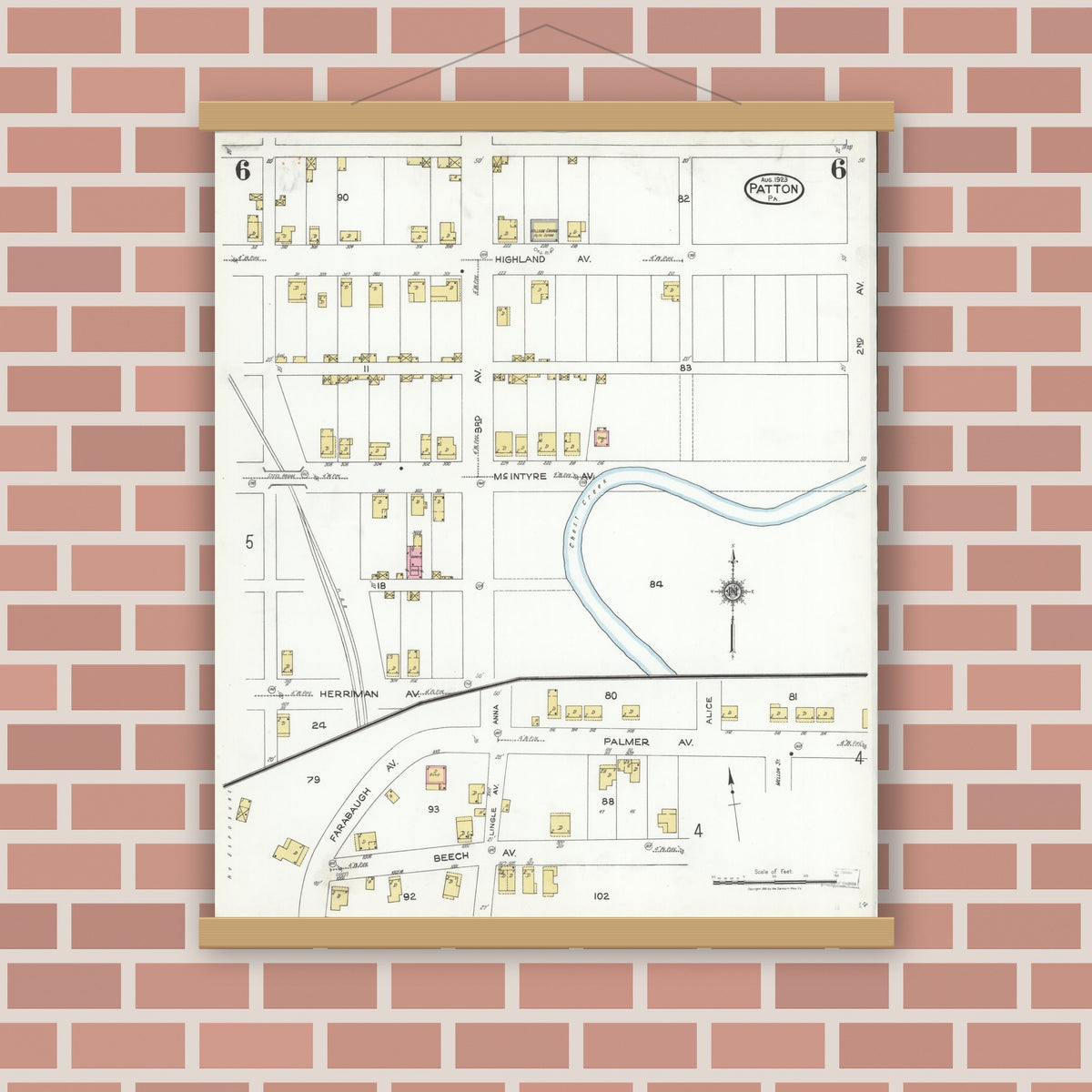 Old map wall art mockup — magnetic wood frame on brick wall — Sanborn Fire Insurance Map from Patton, Cambria County, Pennsylvania (1923), Sheet #0006