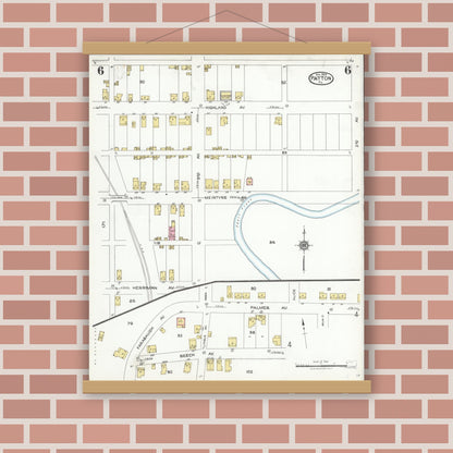 Old map wall art mockup — magnetic wood frame on brick wall — Sanborn Fire Insurance Map from Patton, Cambria County, Pennsylvania (1923), Sheet #0006