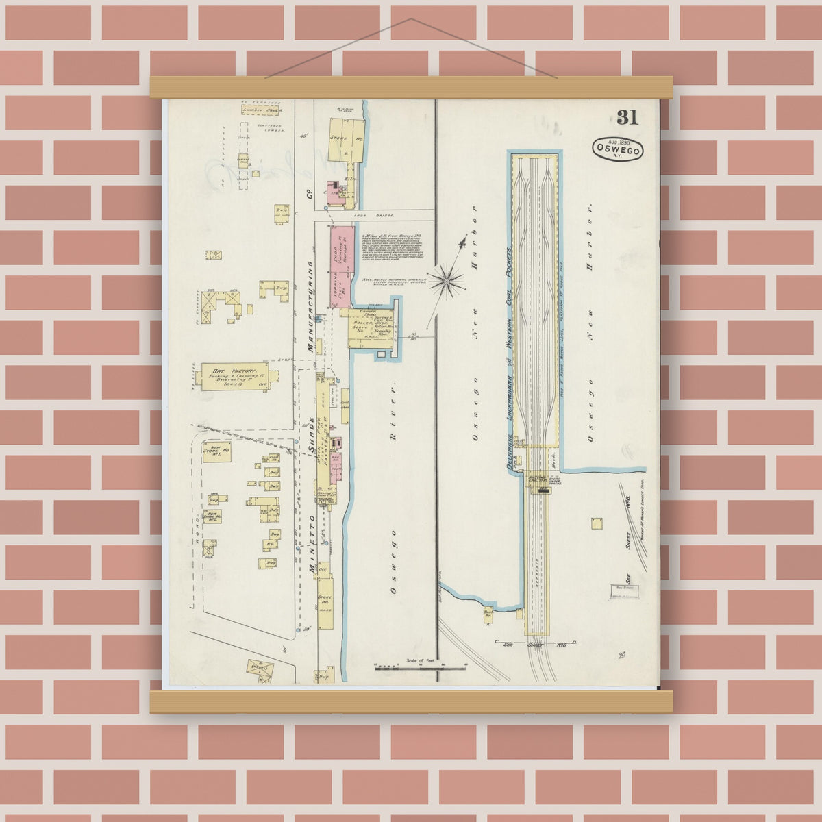 Old map wall art mockup — magnetic wood frame on brick wall — Sanborn Fire Insurance Map from Oswego, Oswego County, New York (1890), Sheet #0031