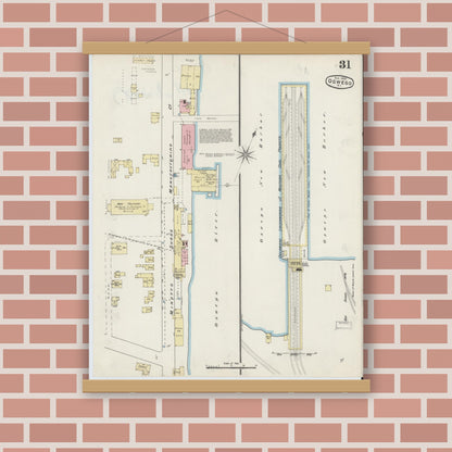 Old map wall art mockup — magnetic wood frame on brick wall — Sanborn Fire Insurance Map from Oswego, Oswego County, New York (1890), Sheet #0031